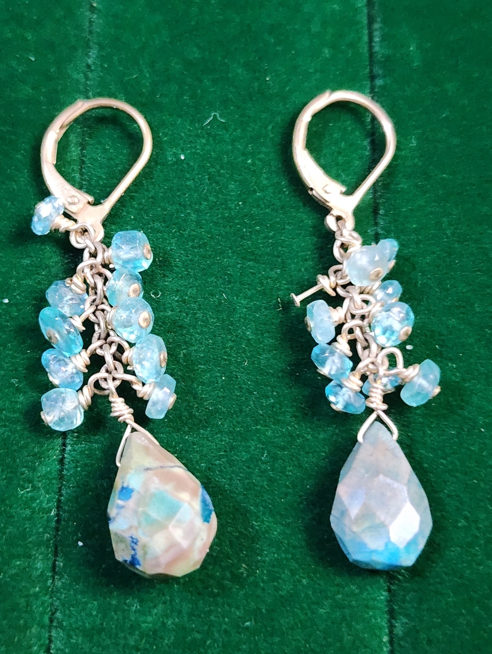 Vintage 1980s 14K Gold Filled Blue Opal Glass Dangle Earrings Cluster Drop